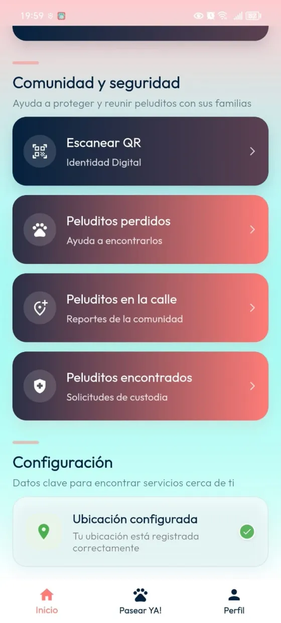 Inicio con el acceso Peluditos en la calle dentro de Comunidad y seguridad.