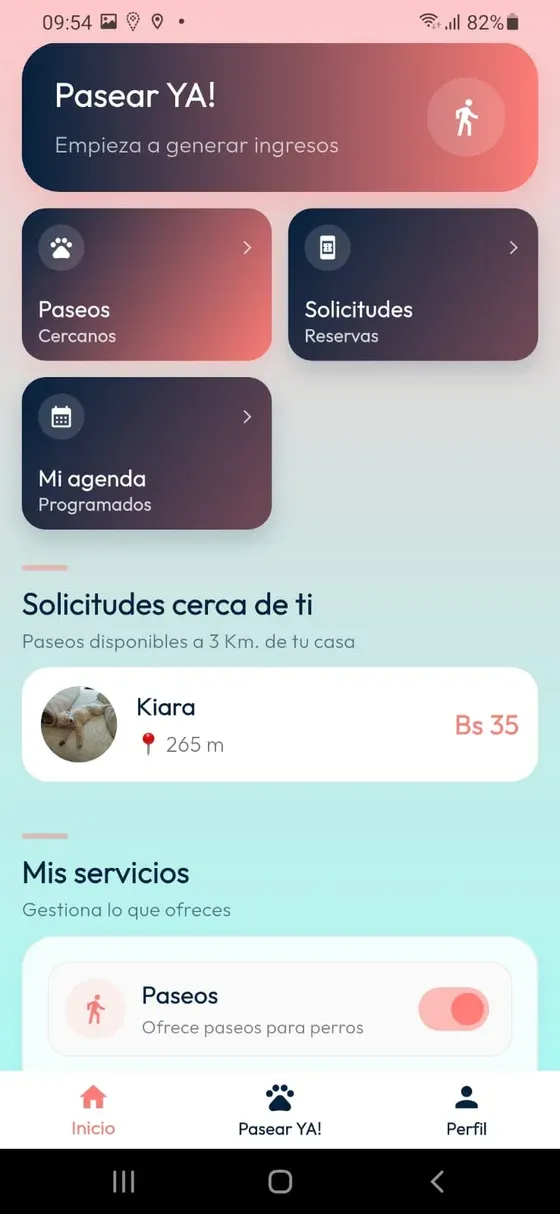 Home PetPal con los accesos Solicitudes, Paseos y Mi agenda.