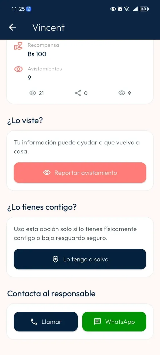Detalle de un peludito perdido con el botón Reportar avistamiento.