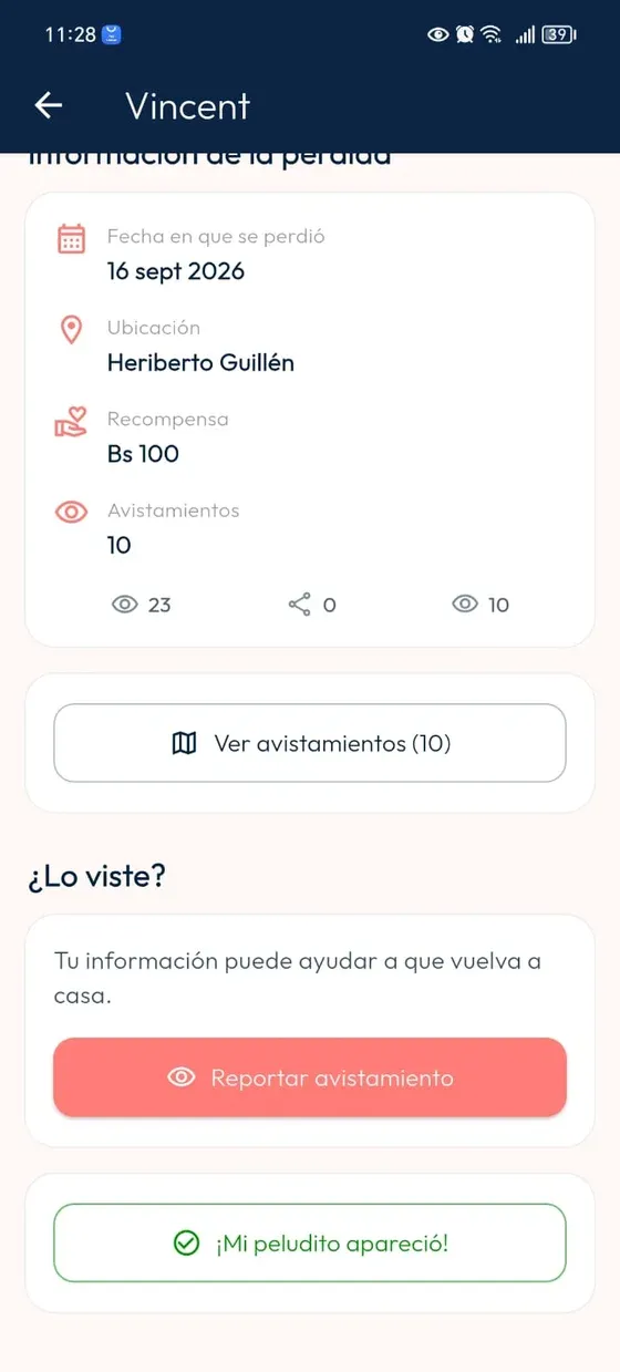 Reporte del peludito perdido con el botón Ver avistamientos y la cantidad de registros recibidos.