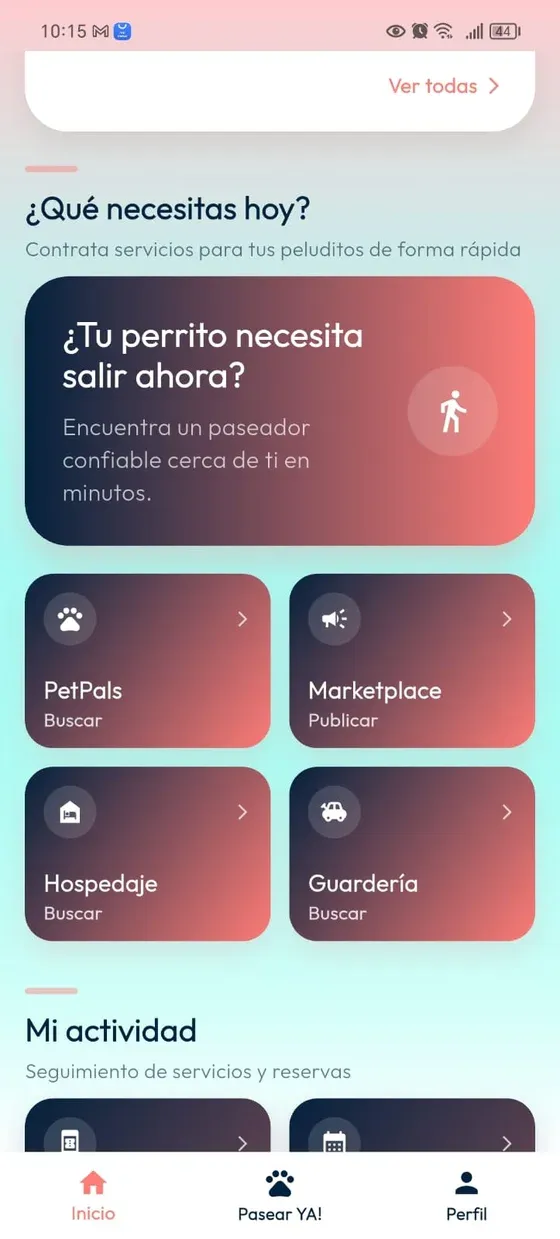 Home de DoGGyPetPal con accesos a paseo inmediato, PetPals, Marketplace, Hospedaje y Guardería.