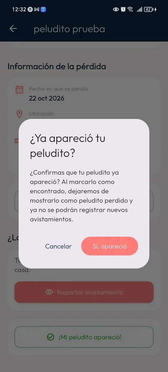Diálogo Ya apareció tu peludito con las consecuencias del cambio y las acciones Cancelar y Sí, apareció.