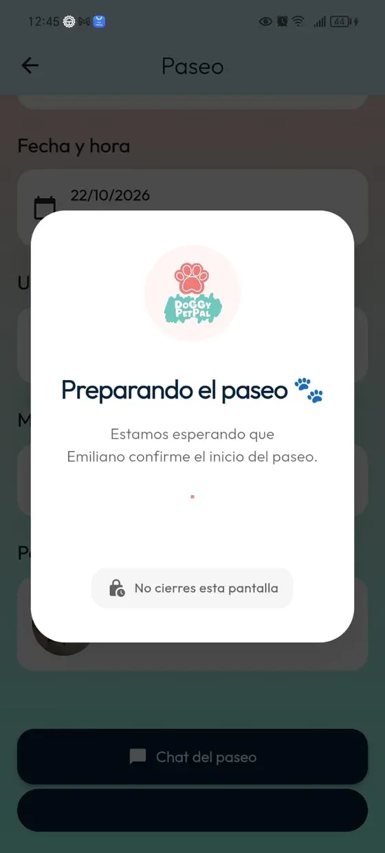 Diálogo Preparando el paseo que indica que se espera la confirmación del inicio por parte del PetPal.