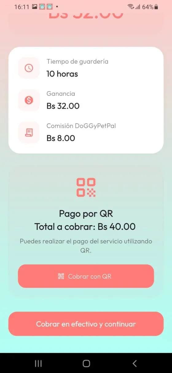 Resumen del servicio con las opciones Cobrar con QR y Cobrar en efectivo y continuar.