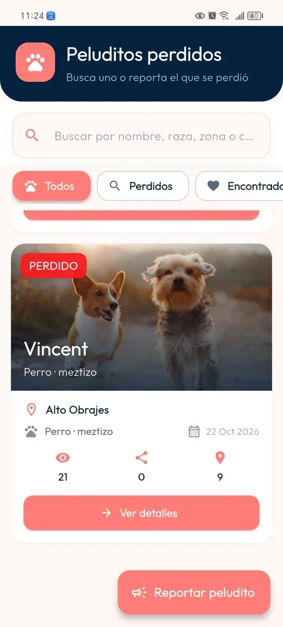Listado de Peluditos perdidos con el botón Reportar peludito.