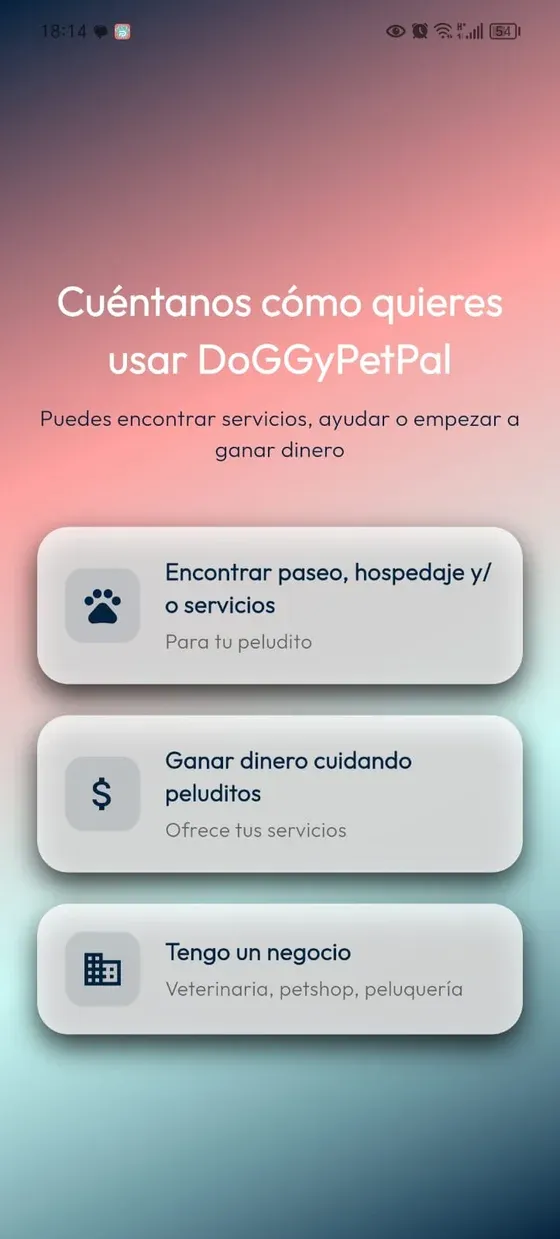 Selector de experiencia en DoGGyPetPal con la opción Ganar dinero cuidando peluditos.