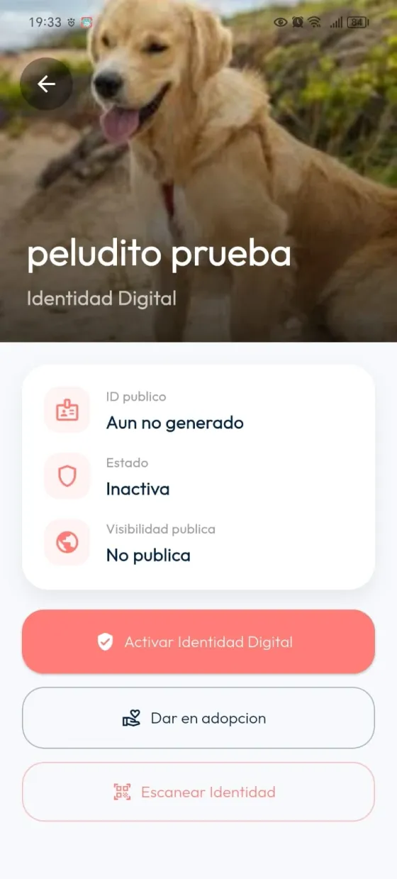 Identidad Digital del peludito con la acción Dar en adopción.