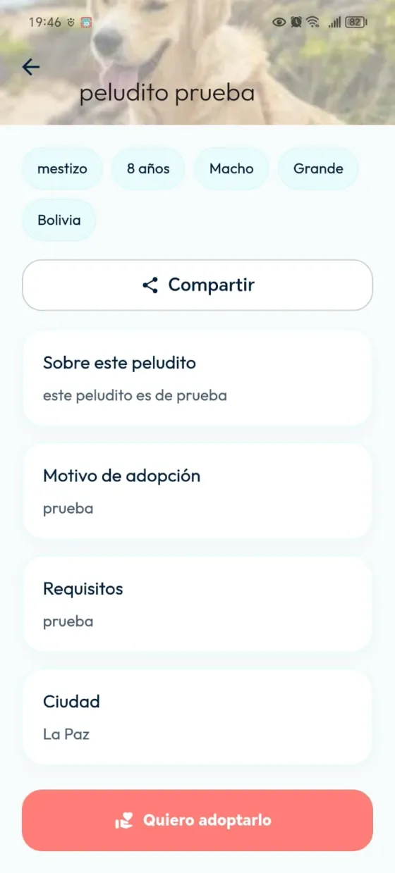 Ficha del peludito con características, descripción, motivo de adopción, requisitos, ciudad y botón Quiero adoptarlo.