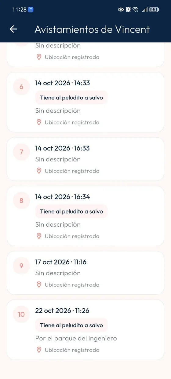 Historial de avistamientos con fechas, horas, descripciones, ubicación registrada y etiquetas de resguardo en algunos registros.