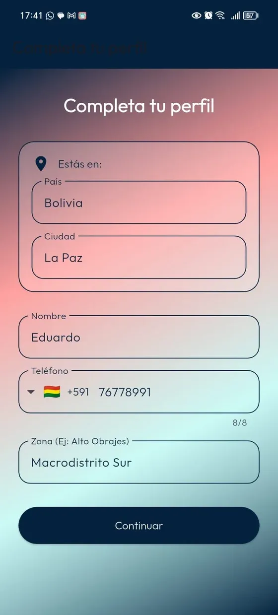 Configuración inicial dentro de DoGGyPetPal: país, ciudad, nombre, teléfono y zona del perfil.