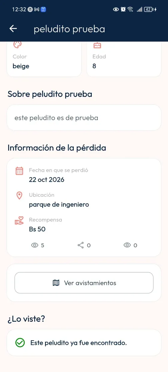 Detalle del reporte actualizado con el mensaje Este peludito ya fue encontrado.