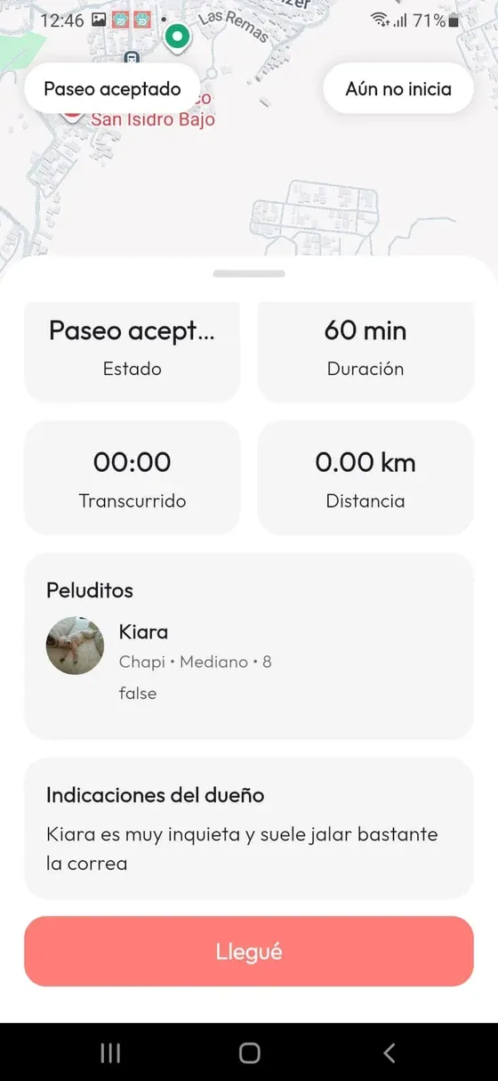 Pantalla PetPal con Paseo aceptado, Aún no inicia, indicaciones del Dueño y botón Llegué.