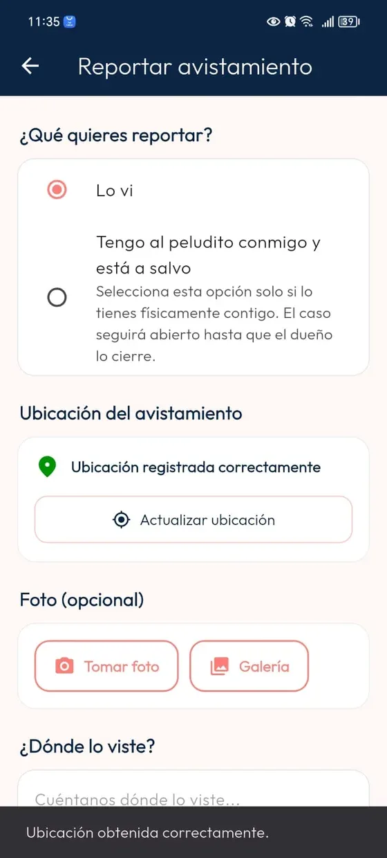 Avistamiento con ubicación registrada, botón Actualizar ubicación y mensaje Ubicación obtenida correctamente.