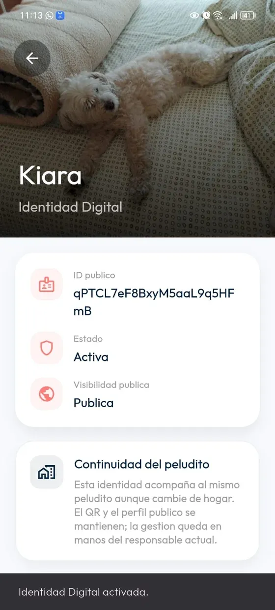 Identidad Digital con identificador generado, estado Activa, visibilidad Pública y mensaje Identidad Digital activada.
