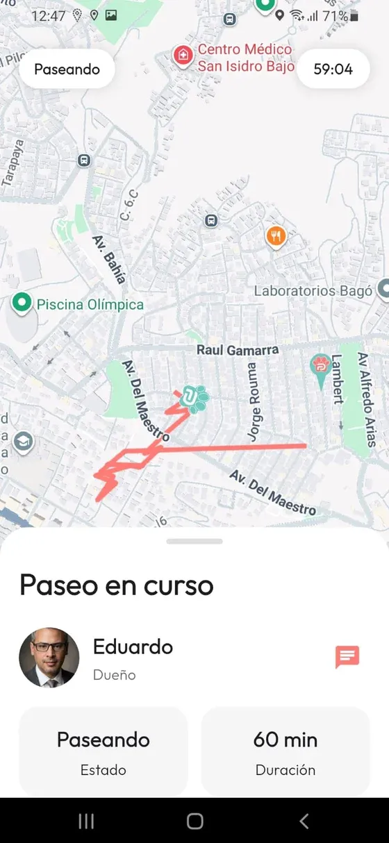 Paseo en curso del PetPal con estado Paseando, mapa, trazado y datos del Dueño.