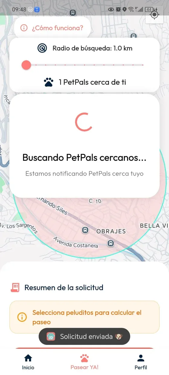 Pasear YA después del envío: aviso Solicitud enviada y estado Buscando PetPals cercanos.