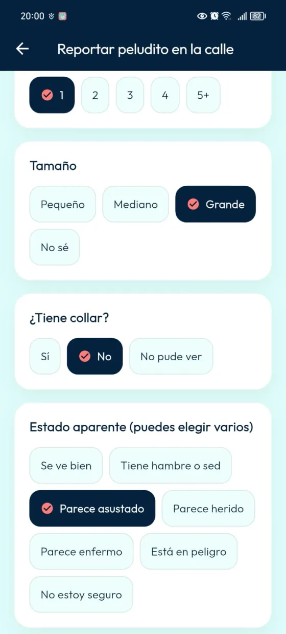 Formulario con cantidad de peluditos, tamaño, collar y estado aparente.