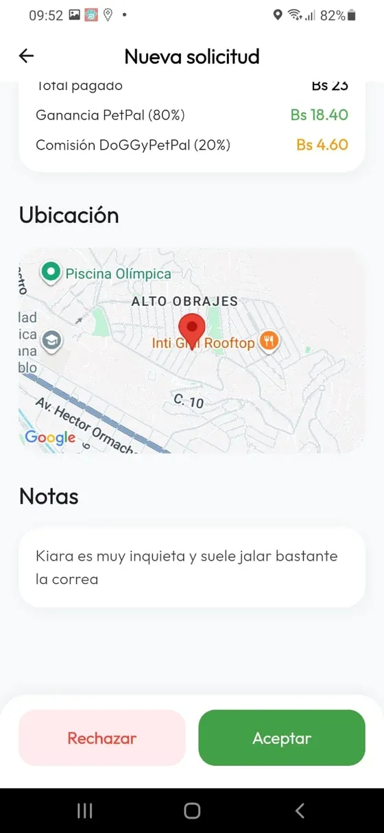 Detalle de solicitud con mapa, notas y botones Rechazar y Aceptar.