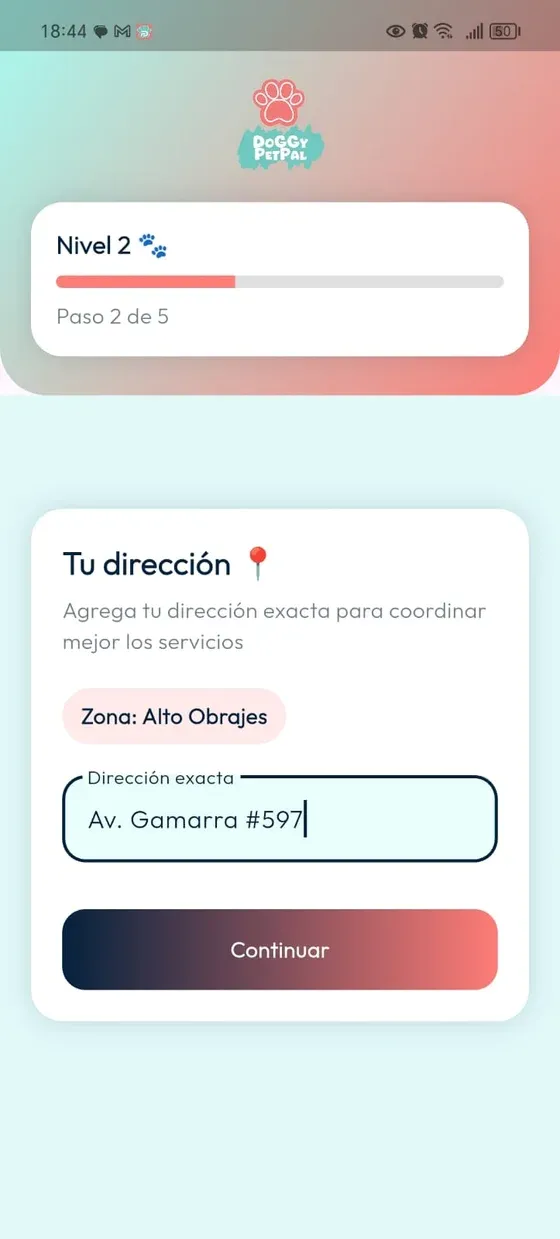 Onboarding PetPal, paso 2 de 5: Tu dirección, zona y campo Dirección exacta.