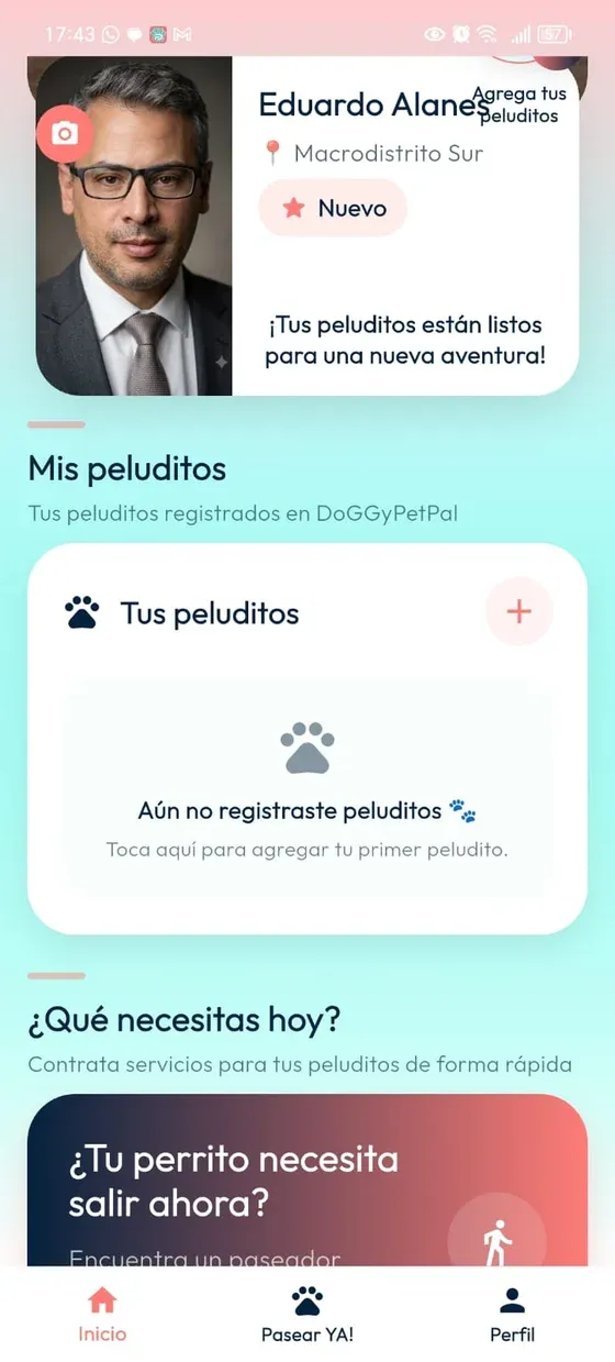 Home de Dueño con Mis peluditos, ficha vacía Tus peluditos y botón más para añadir el primero.