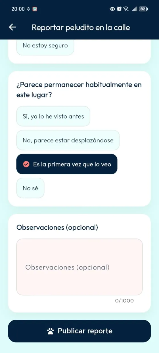 Final del formulario con presencia habitual, observaciones opcionales y botón Publicar reporte.