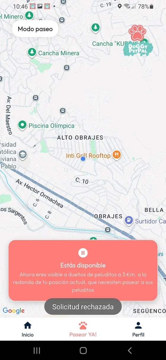 Pantalla PetPal disponible con el mensaje Solicitud rechazada.