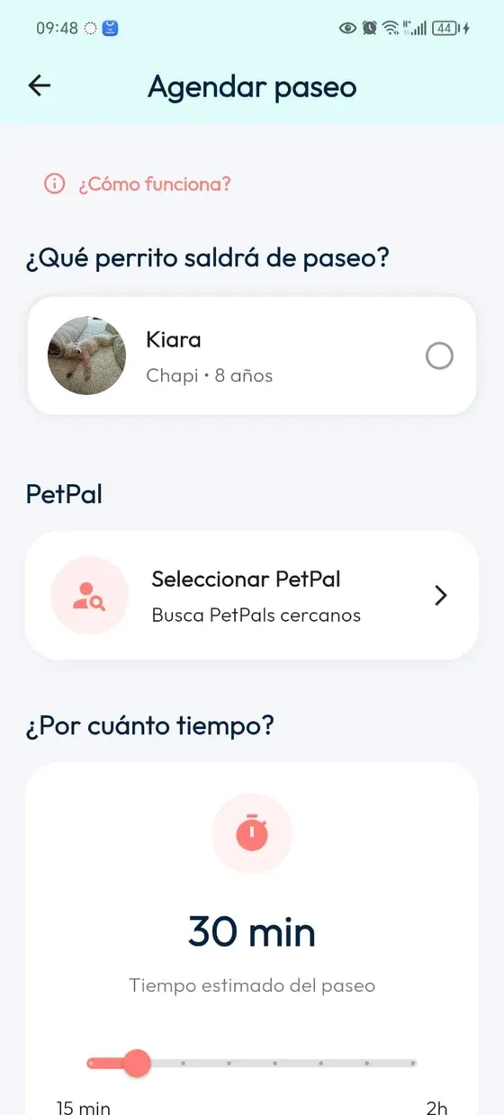 Agendar paseo: selección del peludito y acceso Seleccionar PetPal.
