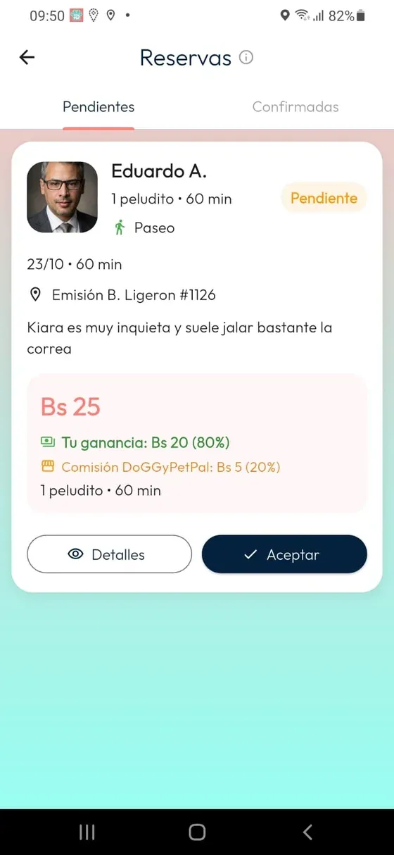 Reservas en la pestaña Pendientes con un paseo y botones Detalles y Aceptar.