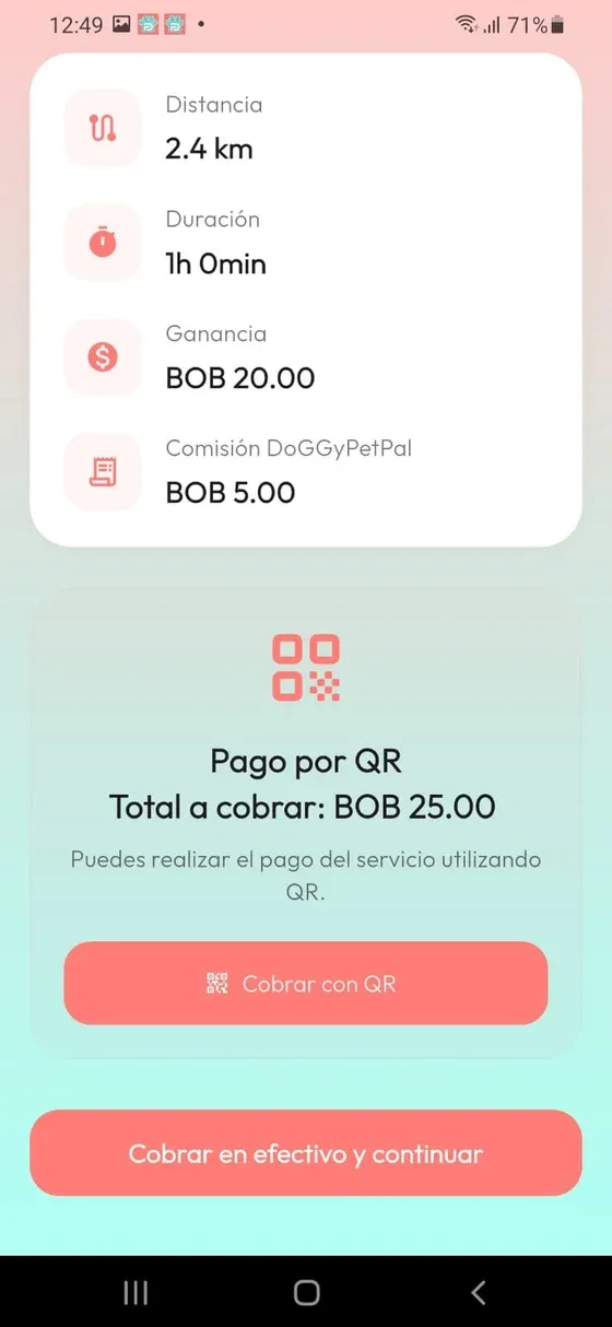 Resumen posterior con ganancia, comisión y opciones Cobrar con QR y Cobrar en efectivo y continuar.