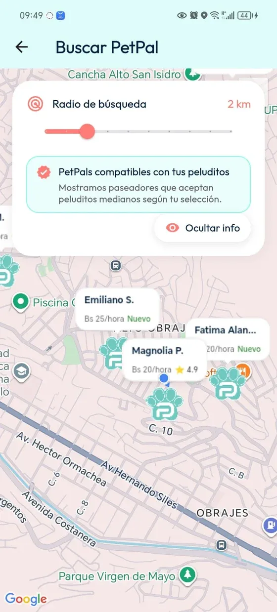 Buscar PetPal: mapa con radio de búsqueda, tarifas y compatibilidad con los peluditos seleccionados.