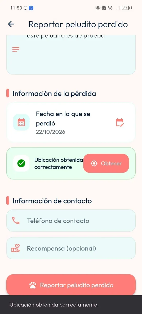 Formulario de pérdida con indicador verde y mensaje inferior Ubicación obtenida correctamente.