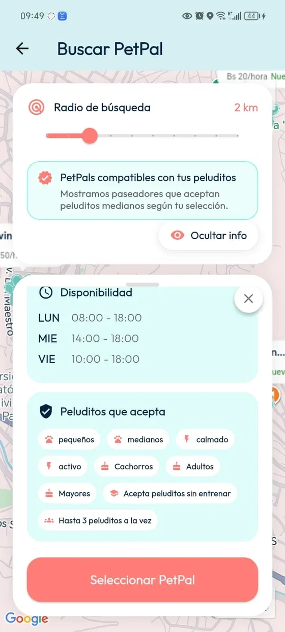 Ficha de PetPal con disponibilidad, peluditos que acepta y botón Seleccionar PetPal.