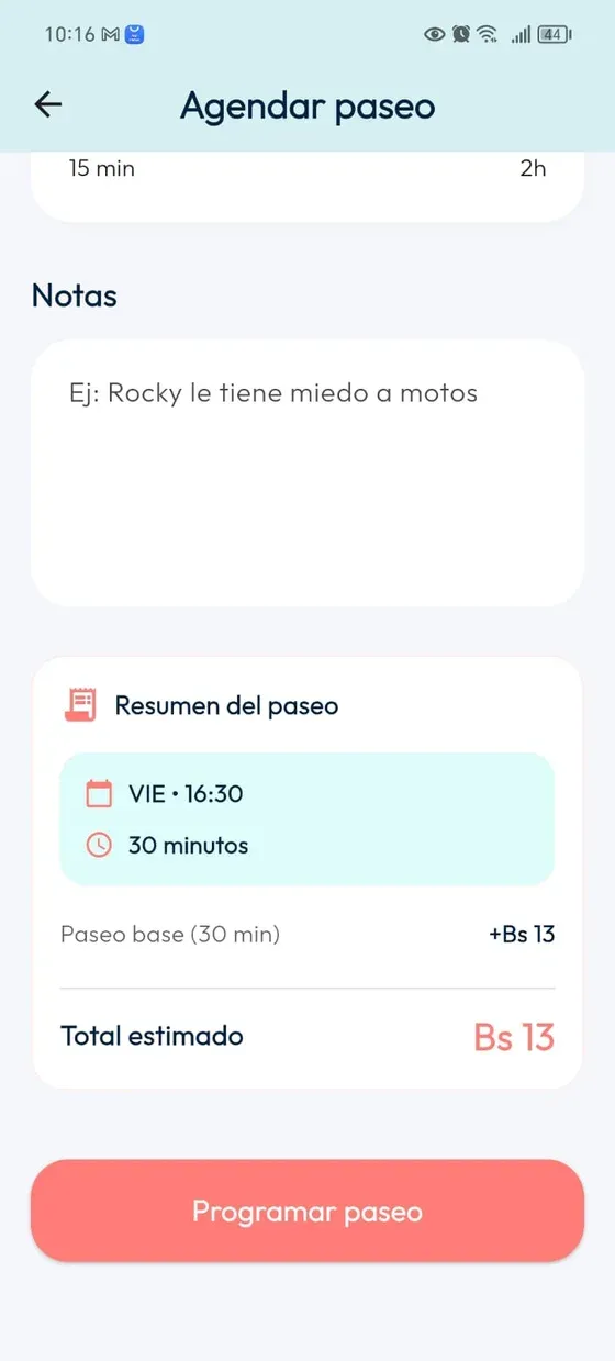 Agendar paseo sin teclado: notas, resumen, duración, total estimado y botón Programar paseo.