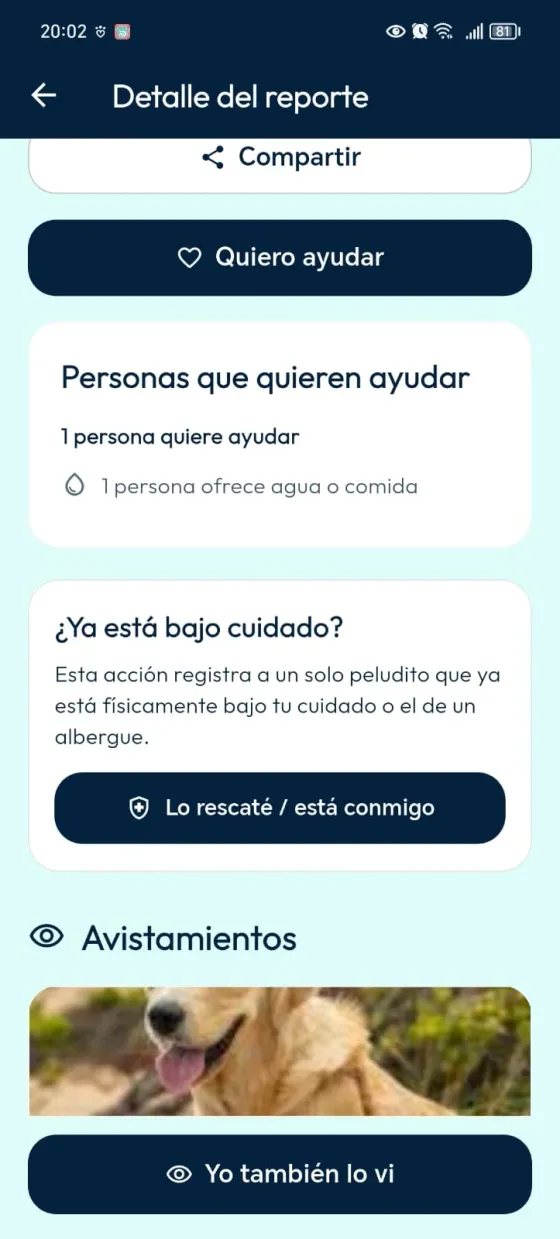 Detalle de un reporte con la sección Avistamientos y el botón Yo también lo vi.