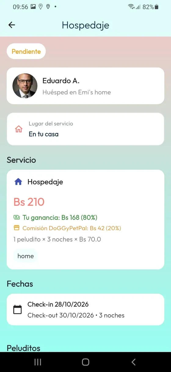 Hospedaje Pendiente con Dueño, lugar del servicio, importe y fechas.