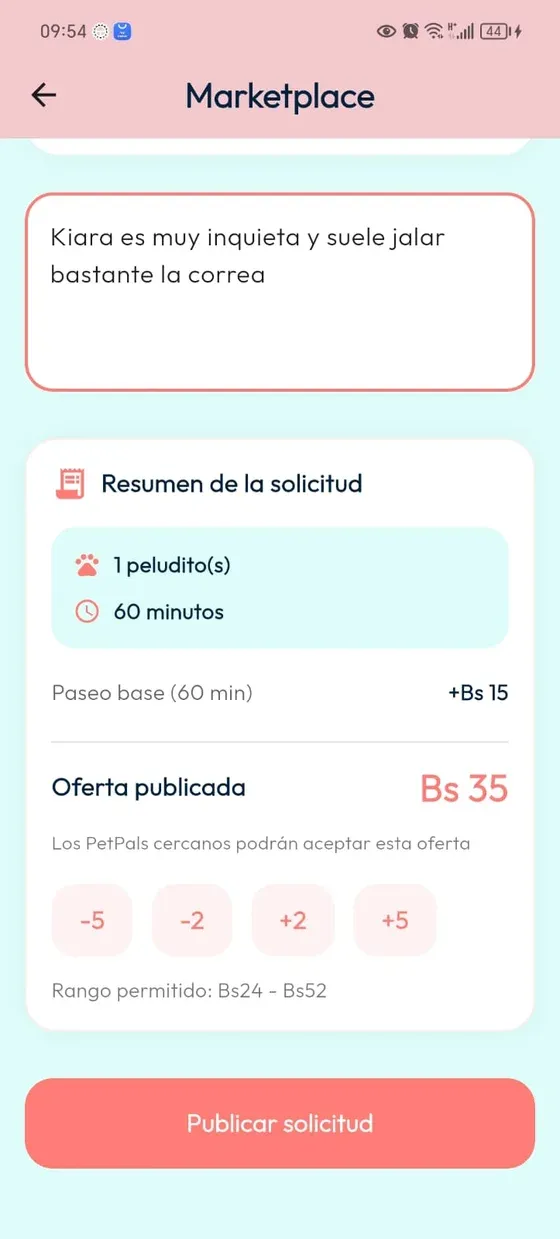 Marketplace: necesidades del peludito, resumen, ajuste de oferta y botón Publicar solicitud.