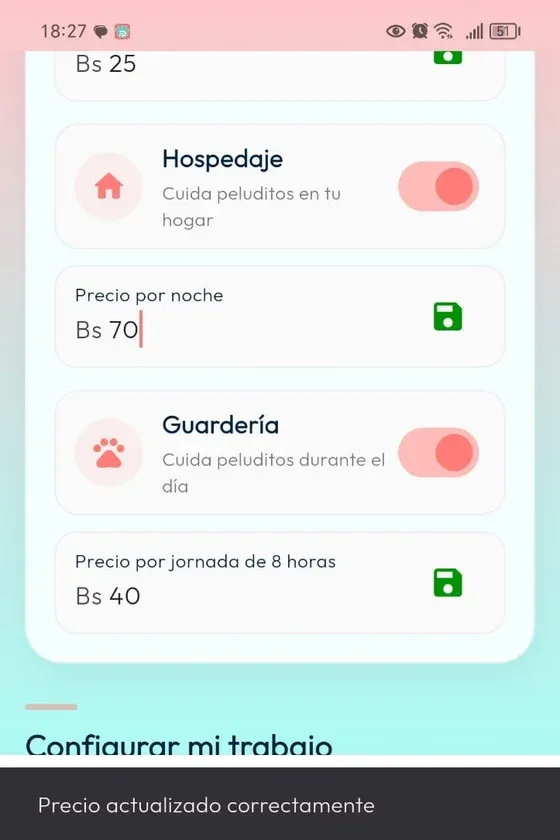 Configuración real con activación de Hospedaje y Guardería, precio por noche y precio por jornada de ocho horas; valores de demostración.