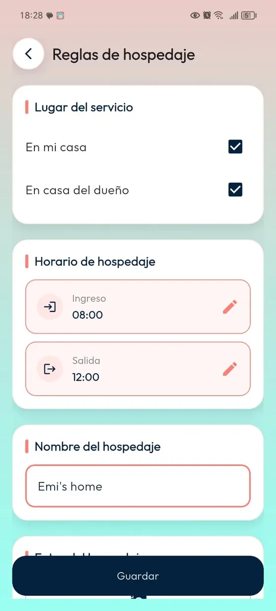 Reglas de hospedaje: lugar del servicio, horario de ingreso, salida y nombre del hospedaje.