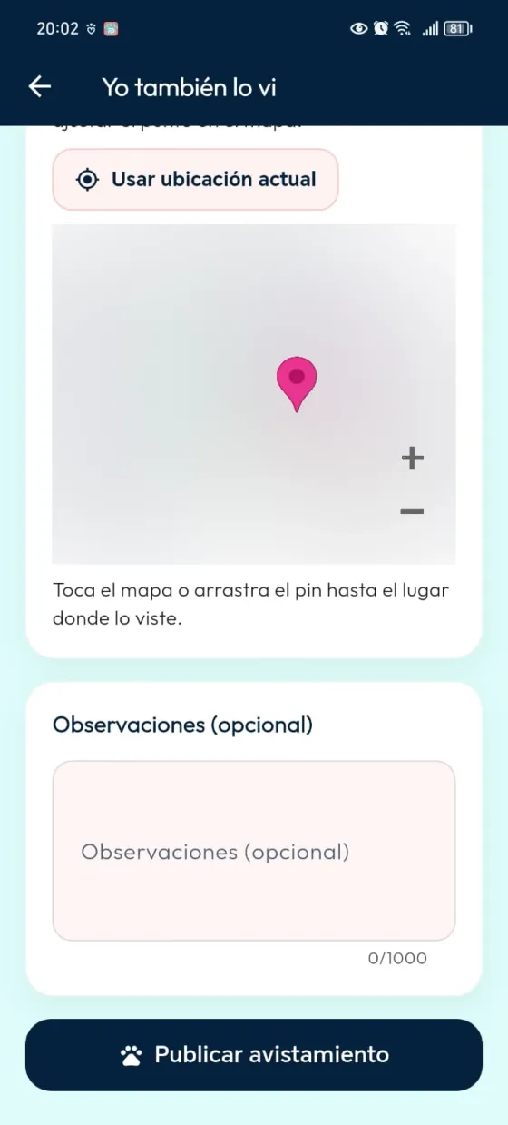 Final del formulario con ubicación, Observaciones opcional y botón Publicar avistamiento.