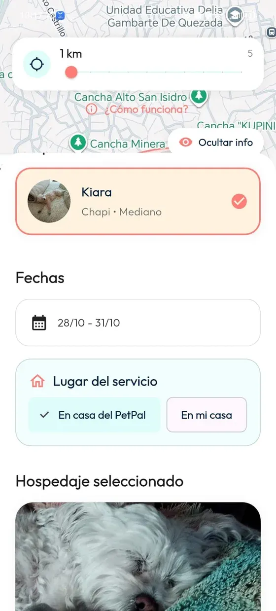 Hospedaje con peludito seleccionado, intervalo del 28 al 31 de octubre y lugar del servicio.