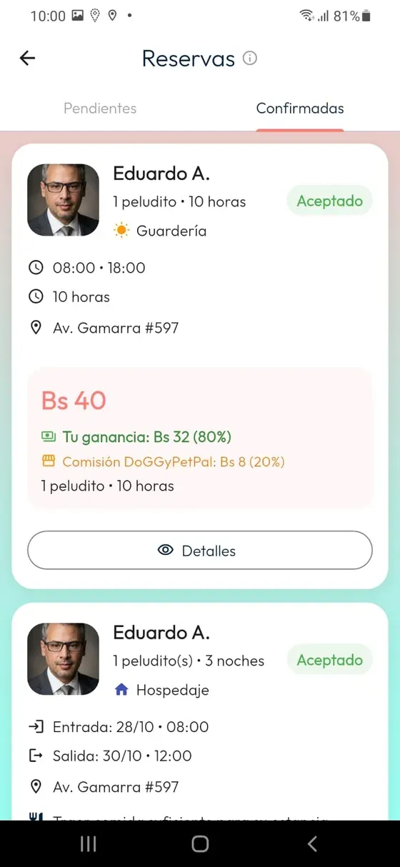 Reservas en Confirmadas con una guardería en estado Aceptado.