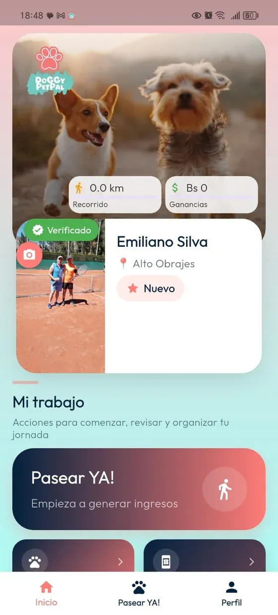 Home de ejemplo de PetPal con el distintivo Verificado, perfil completo y acceso a Mi trabajo.