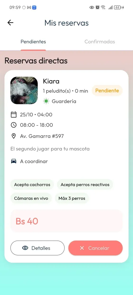 Mis reservas, Pendientes: reserva directa de guardería con estado Pendiente.