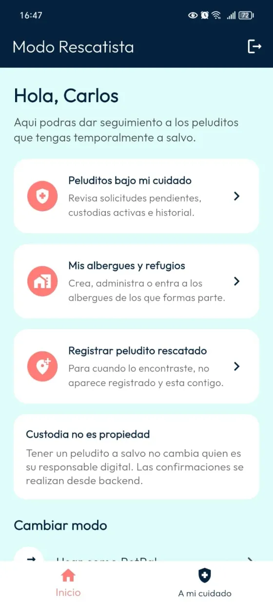 Modo Rescatista con acceso Mis albergues y refugios.