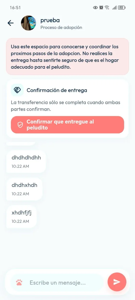 Chat de adopción con mensajes y control Confirmar que entregué al peludito.