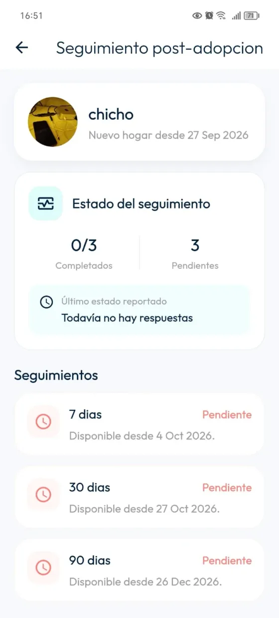 Seguimiento post-adopción con seguimientos pendientes y mensaje Todavía no hay respuestas.