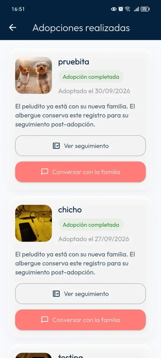 Historial de adopciones completadas con accesos Ver seguimiento y Conversar con la familia.