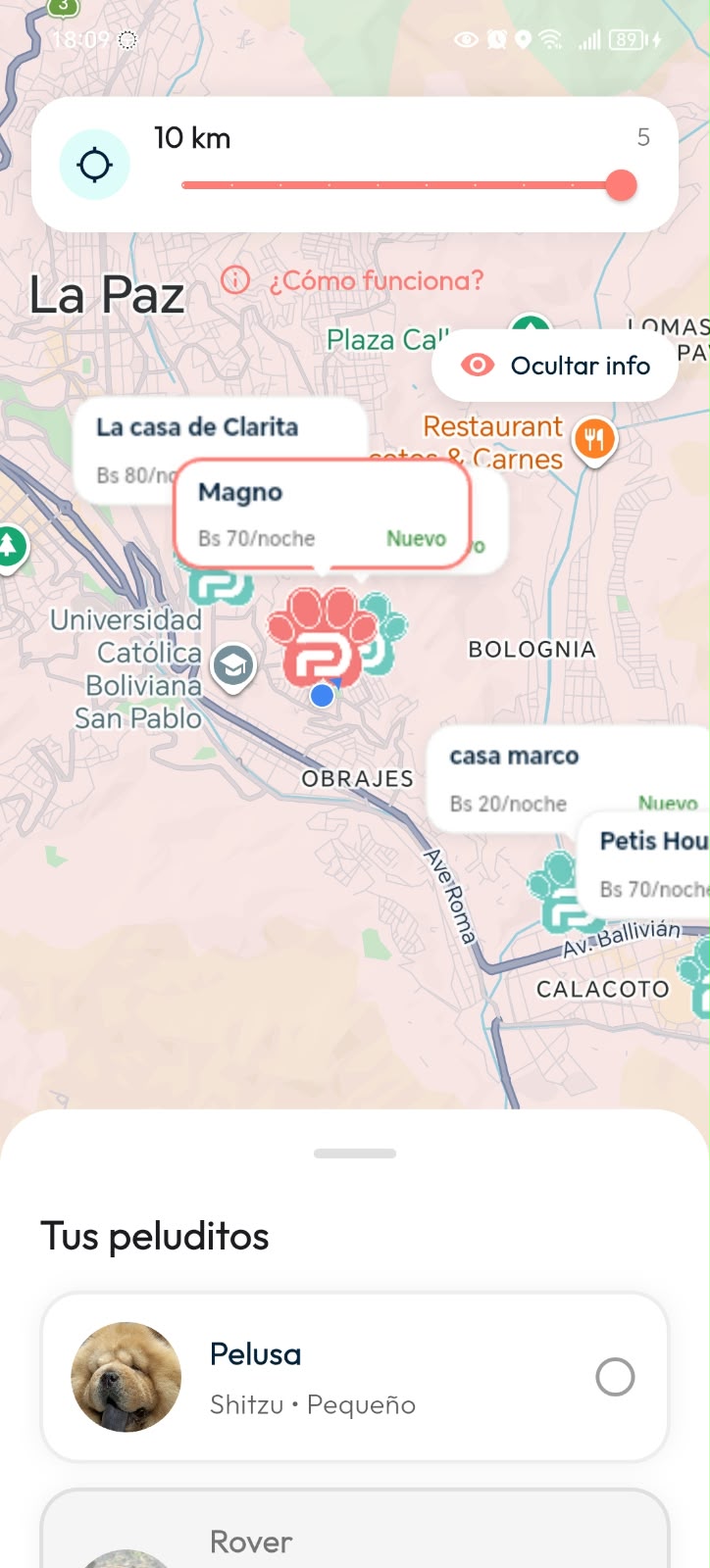 Mapa de hospedajes en DoGGyPetPal con radio de búsqueda, opciones cercanas y precios por noche.