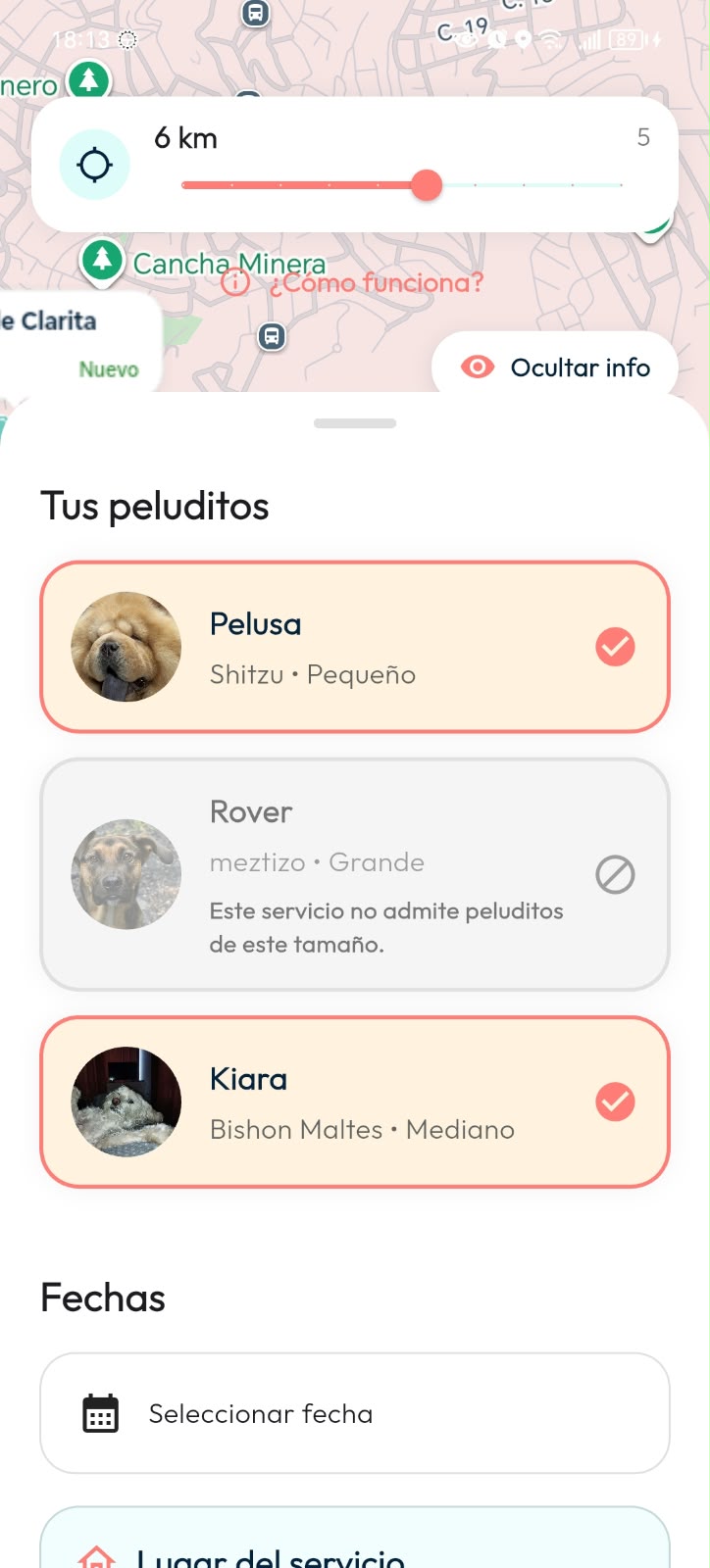 Selección de peluditos para hospedaje en DoGGyPetPal, con indicación de tamaños admitidos y selector de fechas.