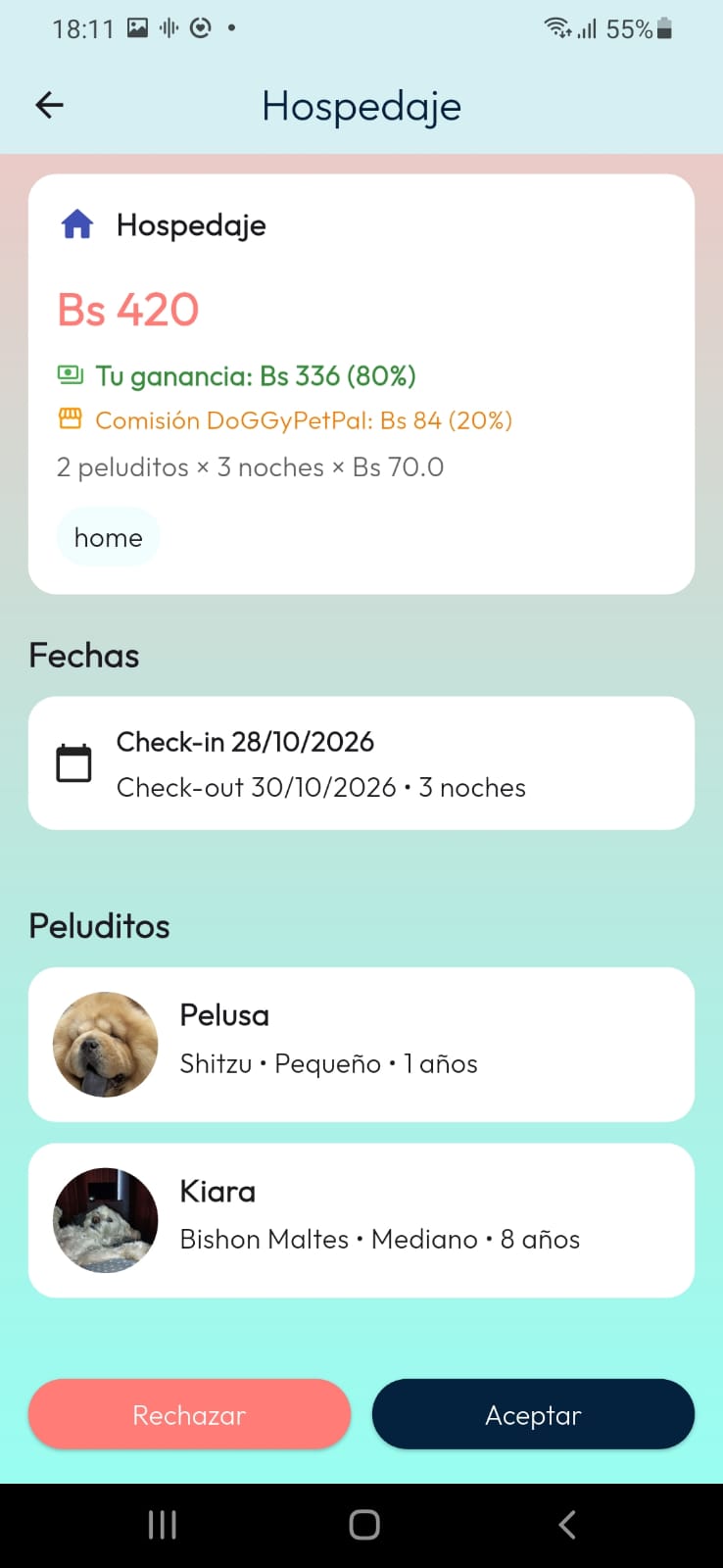 Detalle de reserva de Hospedaje en DoGGyPetPal con importe total, ganancia del PetPal, comisión, fechas, duración, peluditos y acciones Rechazar y Aceptar.